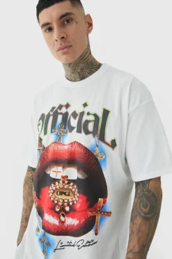 Sale boohooMAN Tall Official Lips Print Oversized T-shirt in white