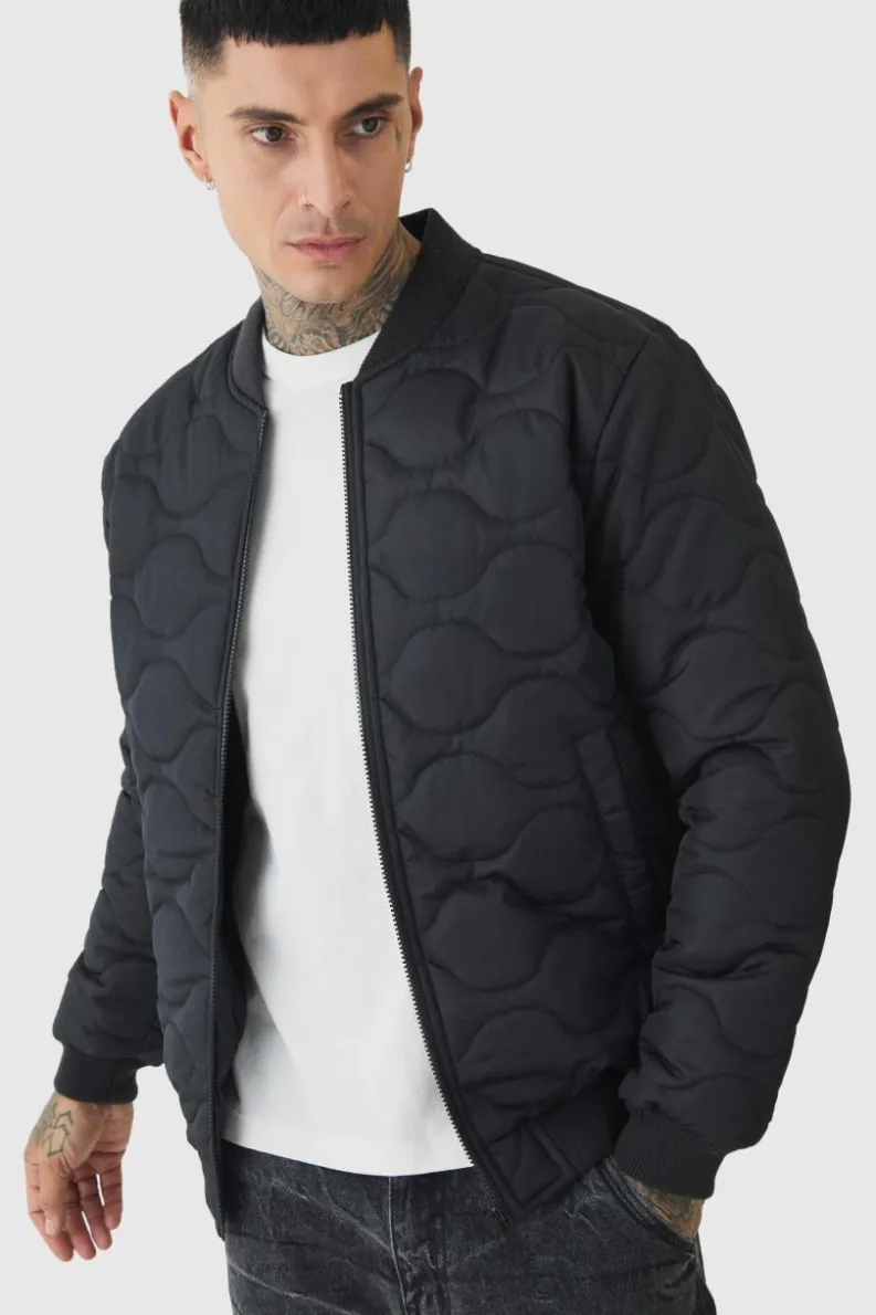 Best Sale boohooMAN Tall Official Quilted Bomber Jacket In black