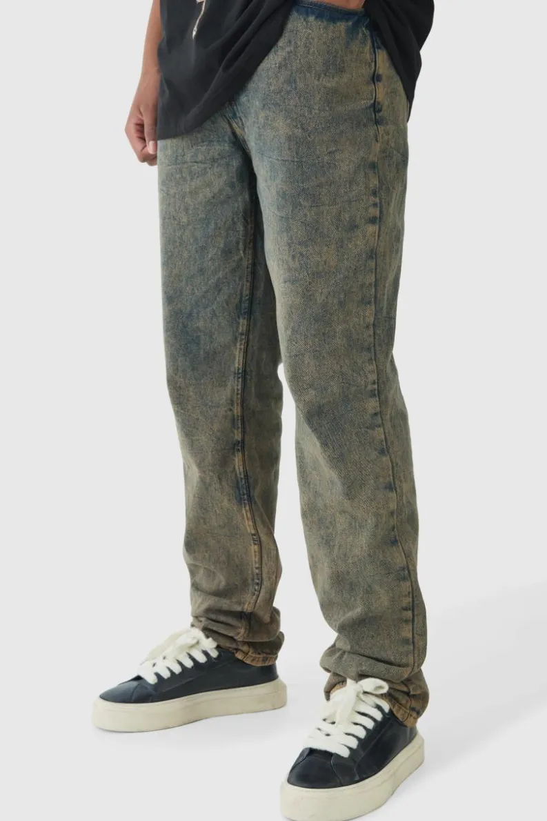 Discount boohooMAN Tall Overdye Acid Wash Relaxed Fit Jeans mid wash