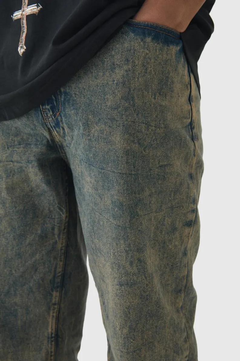 Discount boohooMAN Tall Overdye Acid Wash Relaxed Fit Jeans mid wash