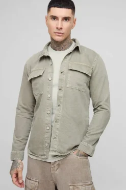 Cheap boohooMAN Tall Overdye Relaxed Fit Cargo Denim Overshirt sage
