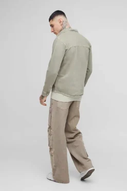 Cheap boohooMAN Tall Overdye Relaxed Fit Cargo Denim Overshirt sage
