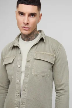 Cheap boohooMAN Tall Overdye Relaxed Fit Cargo Denim Overshirt sage