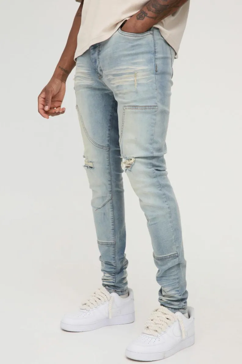 Cheap boohooMAN Tall Overdye Skinny Distressed Carpenter Jeans antique blue