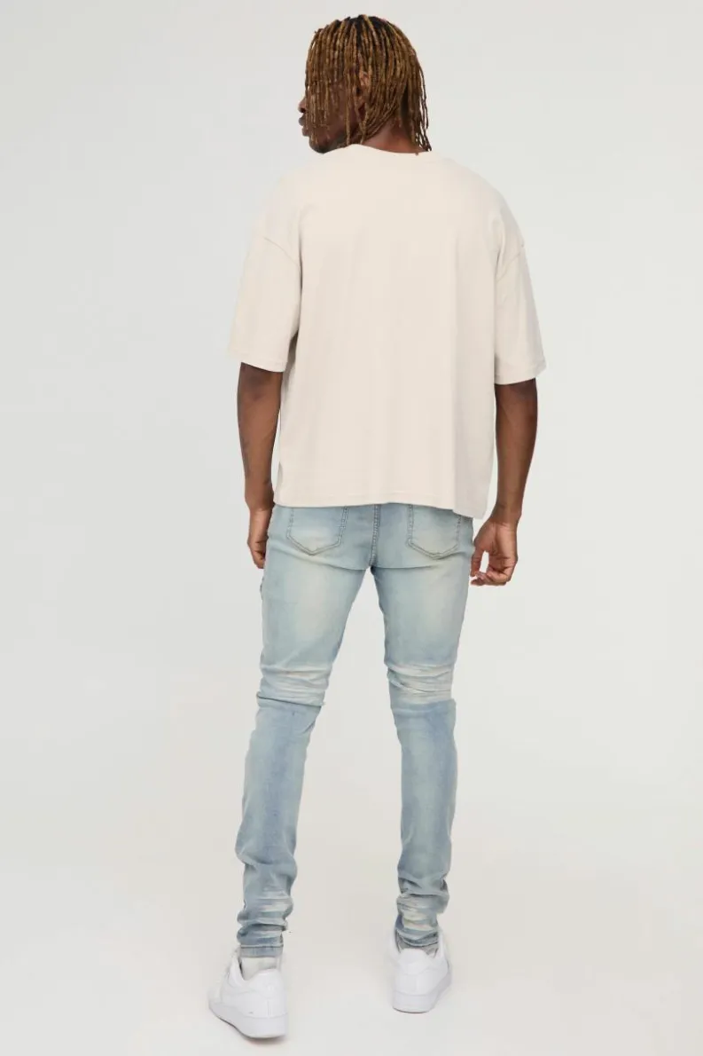 Cheap boohooMAN Tall Overdye Skinny Distressed Carpenter Jeans antique blue