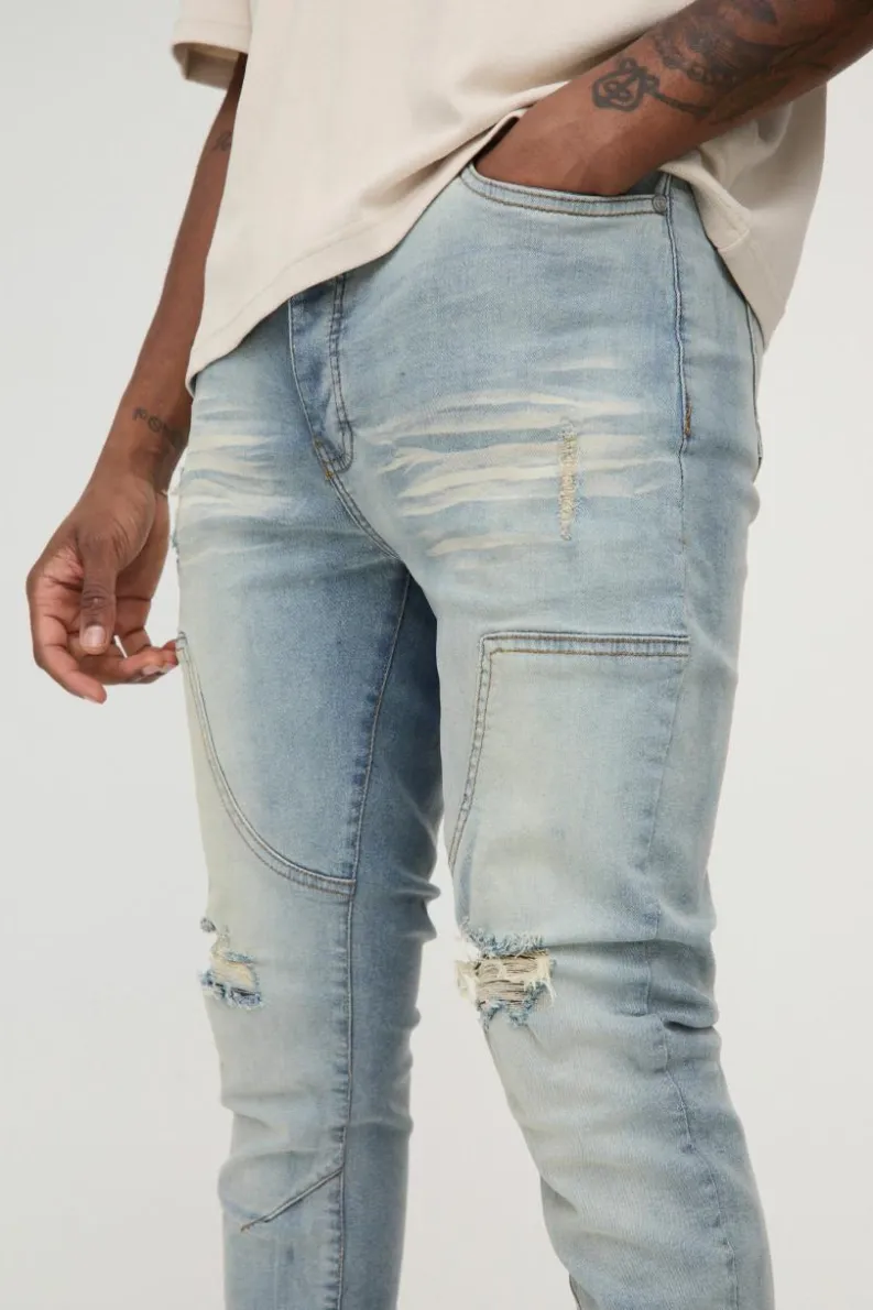 Cheap boohooMAN Tall Overdye Skinny Distressed Carpenter Jeans antique blue