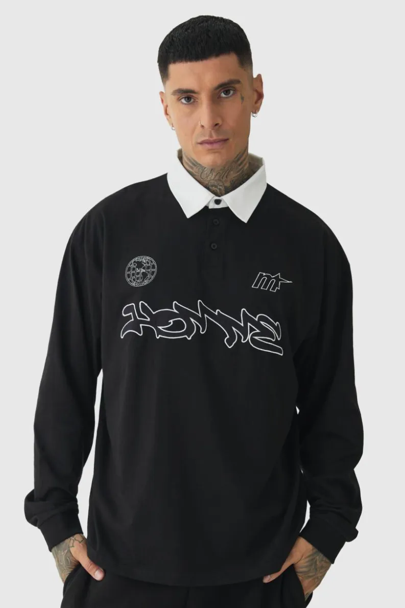 Shop boohooMAN Tall Oversized Applique Rugby Polo black