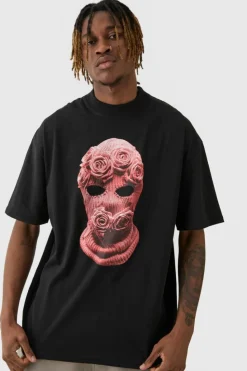 Fashion boohooMAN Tall Oversized Balaclava Floral Print T-shirt black