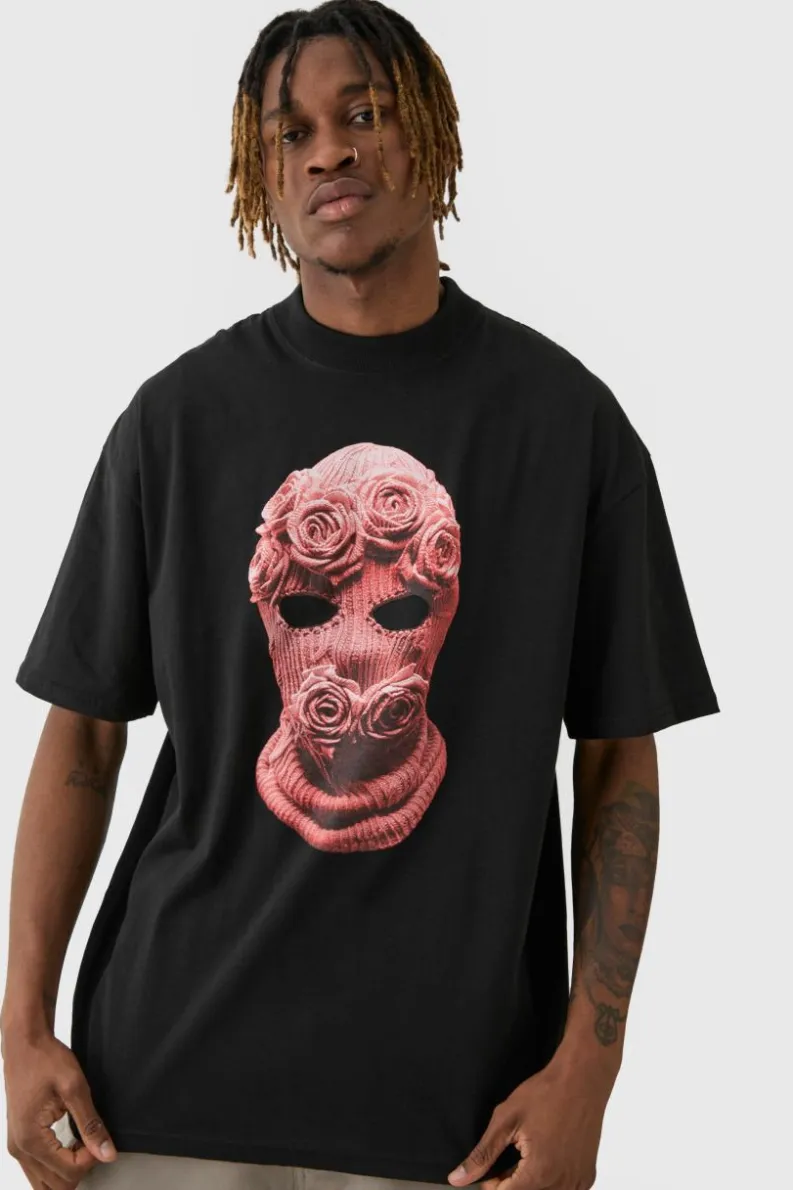 Fashion boohooMAN Tall Oversized Balaclava Floral Print T-shirt black