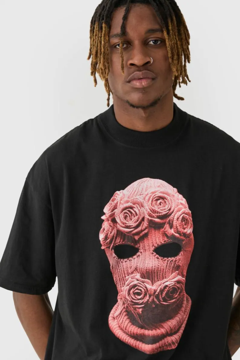 Fashion boohooMAN Tall Oversized Balaclava Floral Print T-shirt black