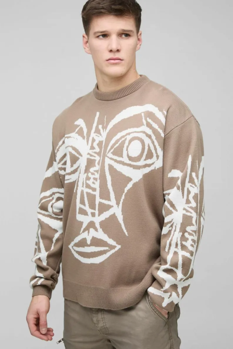 Clearance boohooMAN Tall Oversized Boxy Abstract Line Face Knitted Jumper taupe