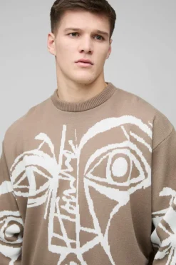 Clearance boohooMAN Tall Oversized Boxy Abstract Line Face Knitted Jumper taupe