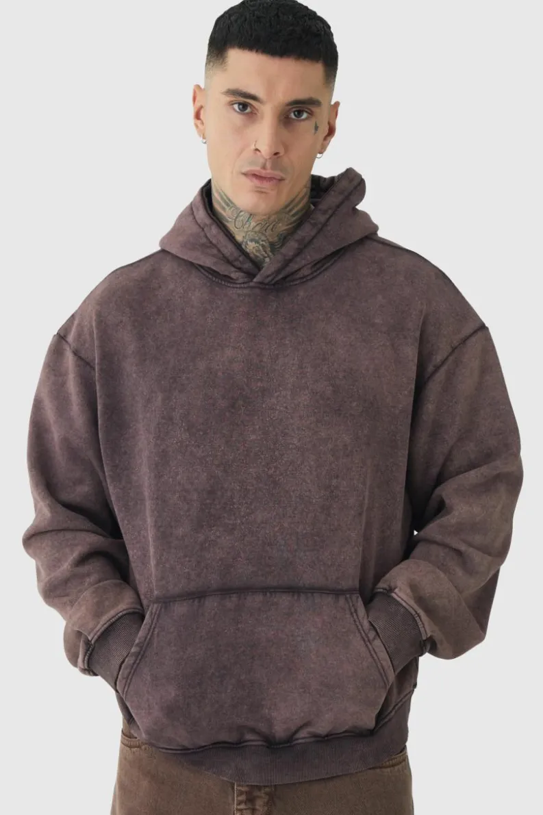 Shop boohooMAN Tall Oversized Boxy Acid Wash Hoodie chocolate