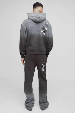 Cheap boohooMAN Tall Oversized Boxy Applique Cross Spray Wash Hooded Relaxed Flare Tracksuit black