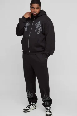 Cheap boohooMAN Tall Oversized Boxy Cross Embroidered Zip Through Hooded Tracksuit black
