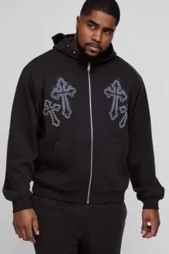 Cheap boohooMAN Tall Oversized Boxy Cross Embroidered Zip Through Hooded Tracksuit black