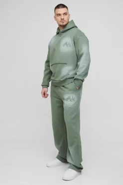 Cheap boohooMAN Tall Oversized Boxy Distressed Official Applique Spray Wash Hooded Tracksuit green