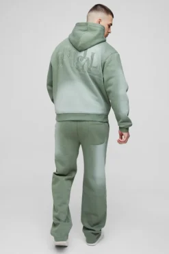 Cheap boohooMAN Tall Oversized Boxy Distressed Official Applique Spray Wash Hooded Tracksuit green