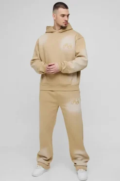 Cheap boohooMAN Tall Oversized Boxy Distressed Official Applique Spray Wash Hooded Tracksuit stone