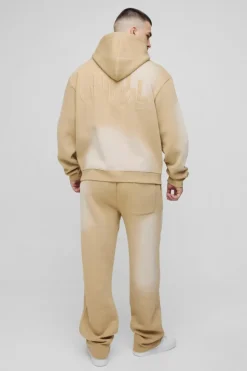 Cheap boohooMAN Tall Oversized Boxy Distressed Official Applique Spray Wash Hooded Tracksuit stone