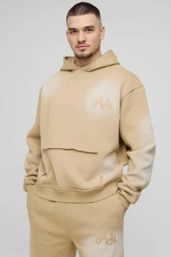 Cheap boohooMAN Tall Oversized Boxy Distressed Official Applique Spray Wash Hooded Tracksuit stone