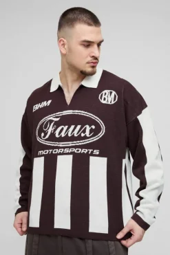Clearance boohooMAN Tall Oversized Boxy Football Knitted Long Sleeve Polo chocolate