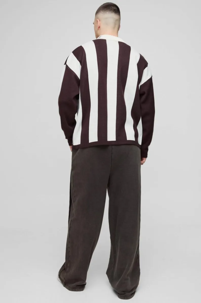 Clearance boohooMAN Tall Oversized Boxy Football Knitted Long Sleeve Polo chocolate