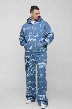 Cheap boohooMAN Tall Oversized Boxy Graffiti Hooded Wide Leg Tracksuit slate blue