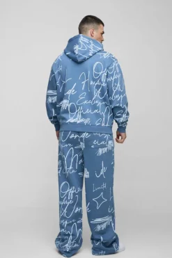 Cheap boohooMAN Tall Oversized Boxy Graffiti Hooded Wide Leg Tracksuit slate blue