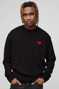 Cheap boohooMAN Tall Oversized Boxy Heart Jumper black