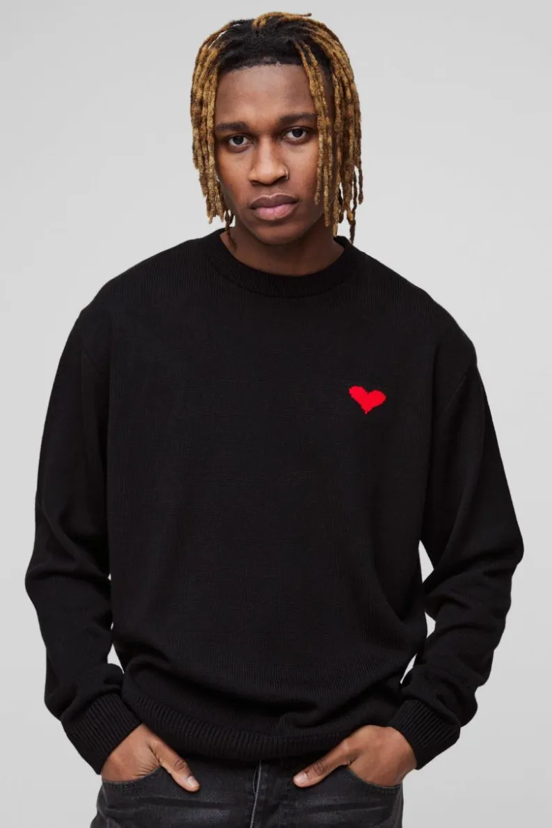 Cheap boohooMAN Tall Oversized Boxy Heart Jumper black