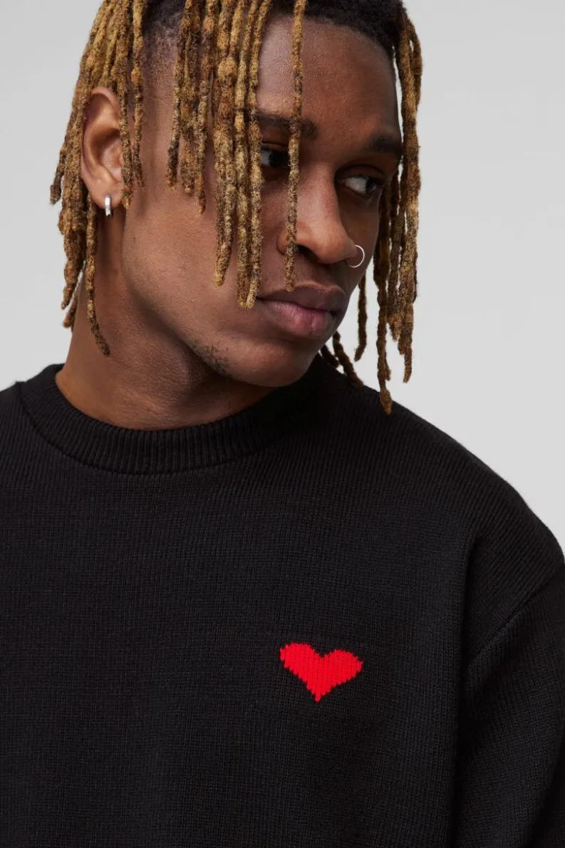 Cheap boohooMAN Tall Oversized Boxy Heart Jumper black
