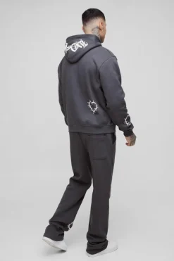 Best boohooMAN Tall Oversized Boxy Heart Print Zip Hooded Double Waistband Tracksuit black