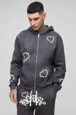 Best boohooMAN Tall Oversized Boxy Heart Print Zip Hooded Double Waistband Tracksuit black