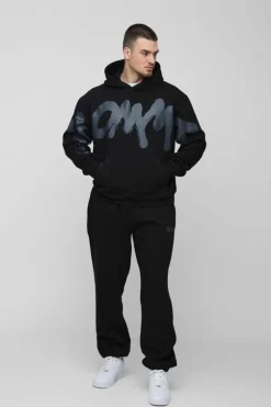 Hot boohooMAN Tall Oversized Boxy Homme Graffiti Print Hooded Tracksuit black