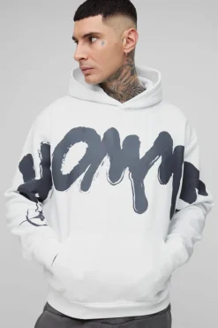Flash Sale boohooMAN Tall Oversized Boxy Homme Graffiti Print Hoodie white