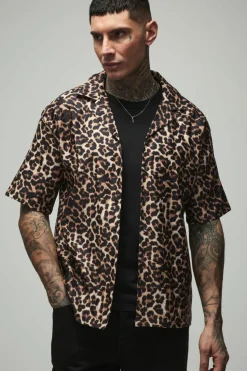 Discount boohooMAN Tall Oversized Boxy Leopard Print Shirt tan