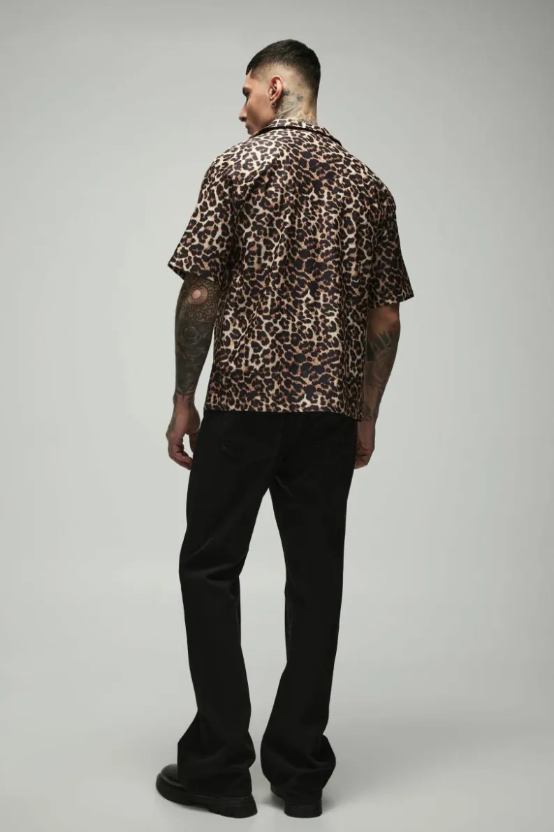 Discount boohooMAN Tall Oversized Boxy Leopard Print Shirt tan