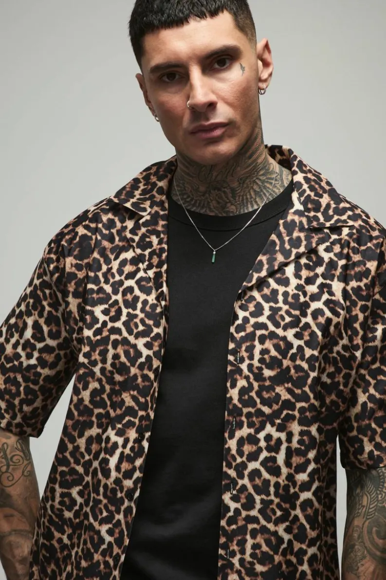 Discount boohooMAN Tall Oversized Boxy Leopard Print Shirt tan