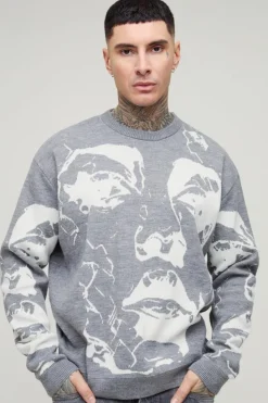 Sale boohooMAN Tall Oversized Boxy Line Face Knitted Jumper grey