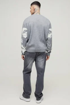 Sale boohooMAN Tall Oversized Boxy Line Face Knitted Jumper grey