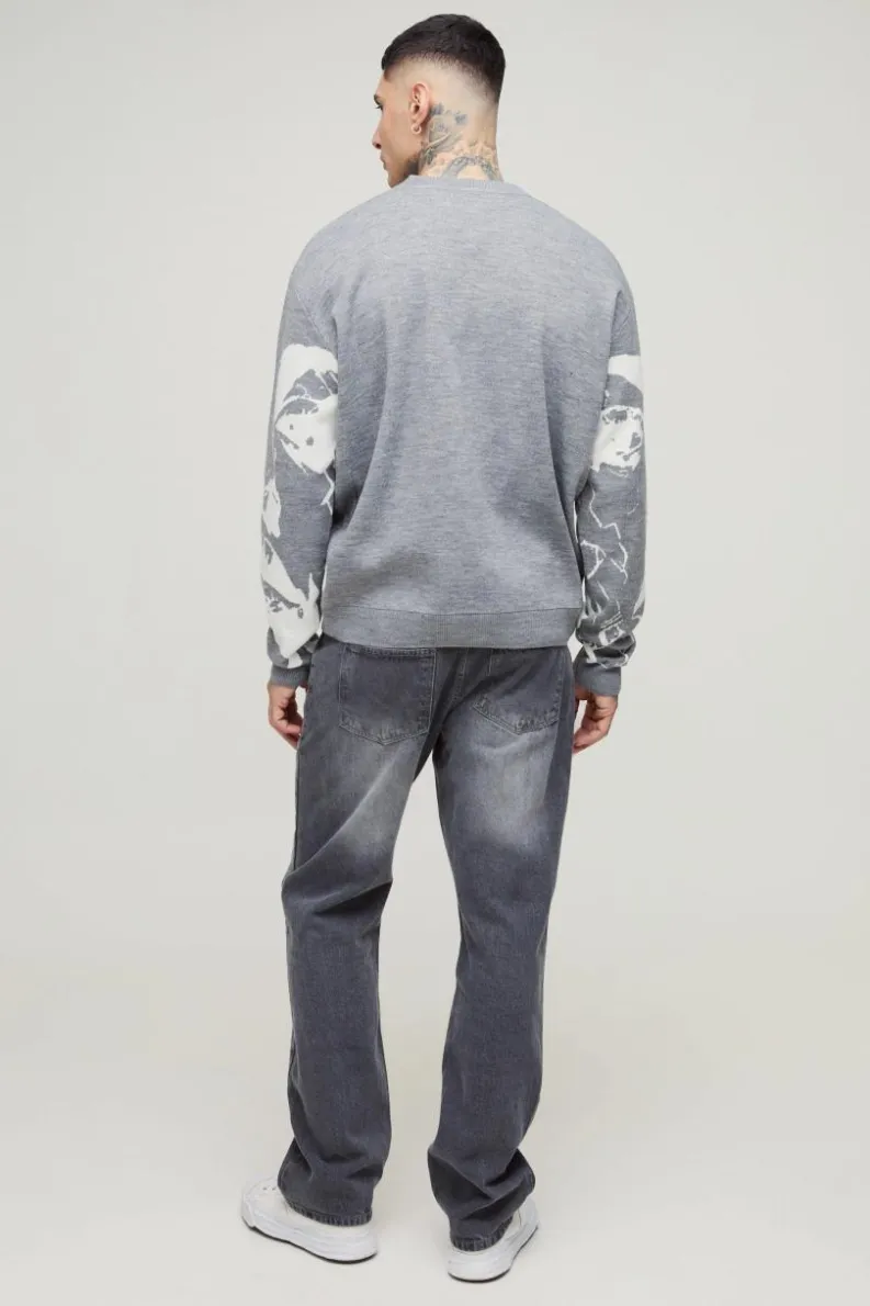 Sale boohooMAN Tall Oversized Boxy Line Face Knitted Jumper grey