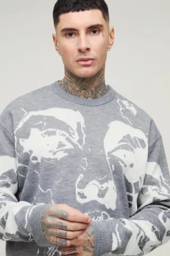 Sale boohooMAN Tall Oversized Boxy Line Face Knitted Jumper grey