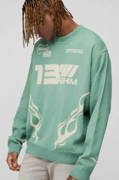 Online boohooMAN Tall Oversized Boxy Moto Knitted Jumper sage
