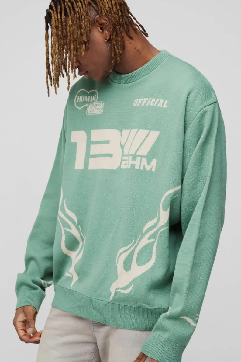 Online boohooMAN Tall Oversized Boxy Moto Knitted Jumper sage