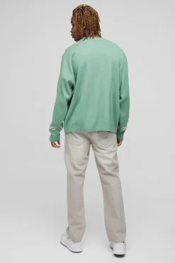 Online boohooMAN Tall Oversized Boxy Moto Knitted Jumper sage