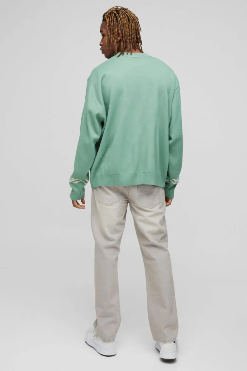 Online boohooMAN Tall Oversized Boxy Moto Knitted Jumper sage
