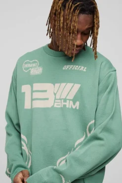 Online boohooMAN Tall Oversized Boxy Moto Knitted Jumper sage