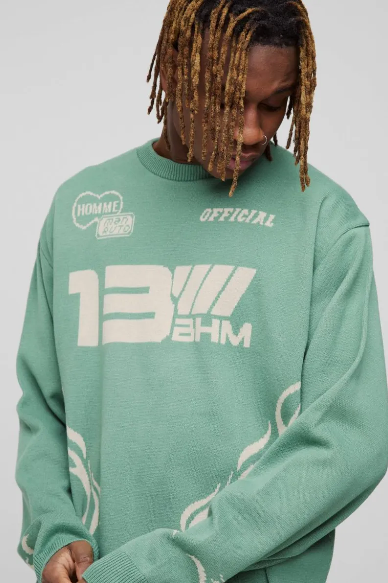 Online boohooMAN Tall Oversized Boxy Moto Knitted Jumper sage
