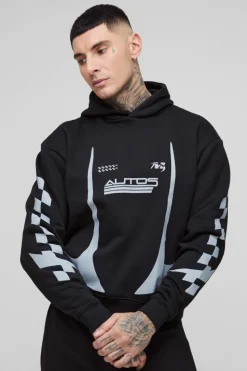 Flash Sale boohooMAN Tall Oversized Boxy Moto Print Hoodie black